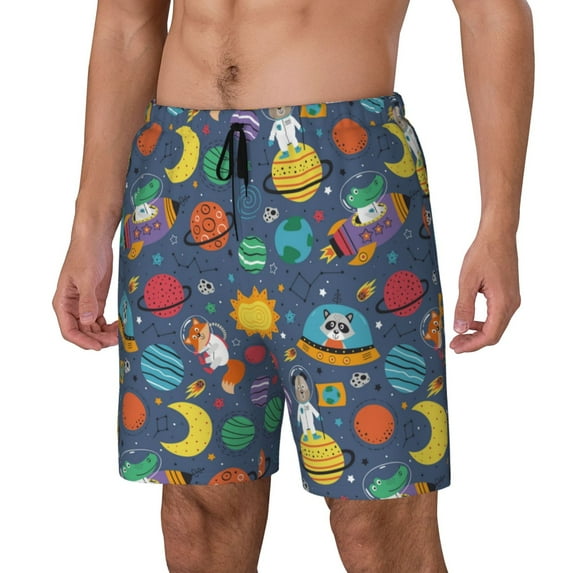 Picia Cartoon Space pattern Mens Swim Trunks with Compression Liner Stretch Beach Shorts Quick Dry with Zipper Pockets No-Chafing Board Shorts-X-Large