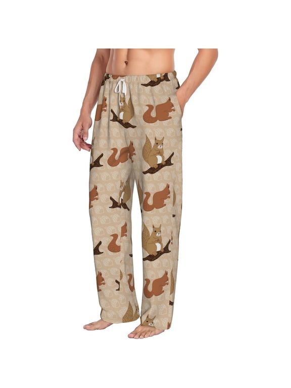 Cartoon Squirrel Mens Soft Woven Cotton Elastic Waistband Sleep Pajama Pant Lounge Sleep Pant With Pockets And Drawstring-Large