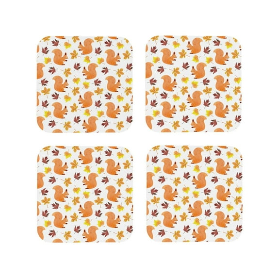 Picia Cartoon Squirrel Printed Leather Coasters for Drinks, 4" Drink Coasters Set of 4 for Tabletop Protection, Handmade Luxurious Home Décor and Housewarming Gift -Square