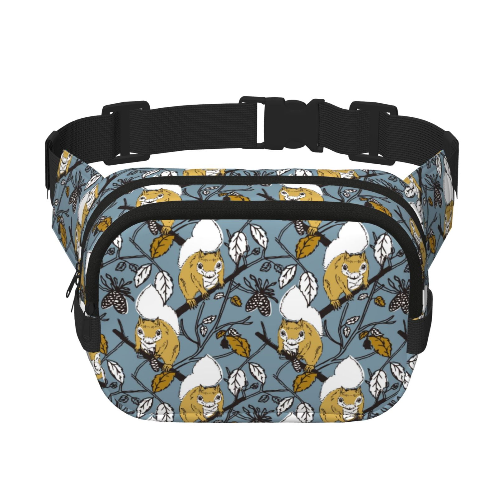 Picia Cartoon Squirrel on Branch Print Square Double-Layer Waist Bag Mini Adjustable Waist Belt Bag Exercise Running Travel Hiking