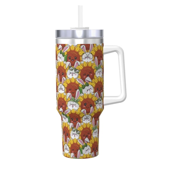 Picia Cartoon Sunflowers Pattern 40oz Ice Bully Insulated Tumbler with Handle, Double-Wall Stainless Steel Cup, Leak-Proof Lid and Straw