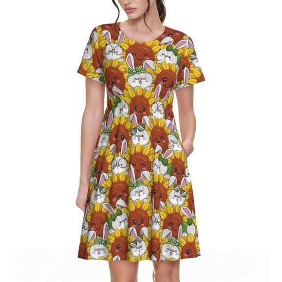 Picia Cartoon Sunflowers Pattern Women's Short Sleeve Summer Dress Pleated Loose Swing Knee Length Short Sleeve Swing Dresses
