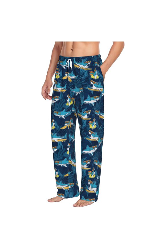 Cartoon Surfer Sharks Mens Soft Woven Cotton Elastic Waistband Sleep Pajama Pant Lounge Sleep Pant With Pockets And Drawstring-XX-Large