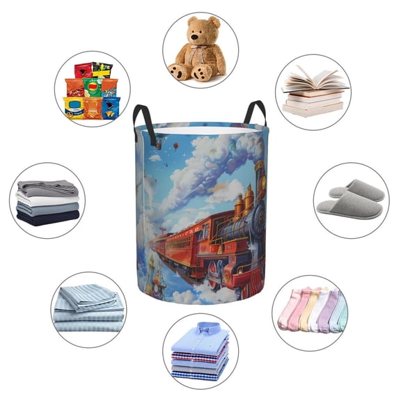 Picia Cartoon Train Hot Air Balloon Large Laundry Basket, Waterproof, Freestanding Laundry Hamper, Collapsible Tall Clothes Hamper with Extended Handles-Medium