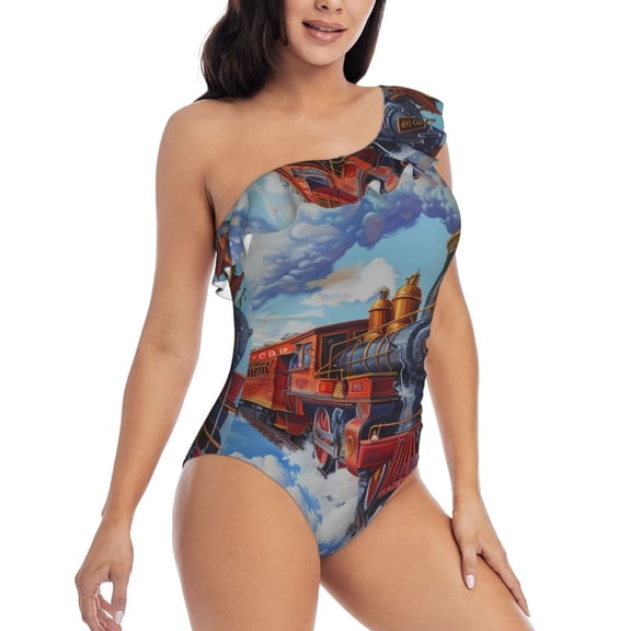 Picia Cartoon Train Hot Air Balloon Pattern Women's One Piece Swimsuits,One Shoulder Swimwear Asymmetric ,Ruffle Monokinis Bathing Suits,High Waisted Flattering Bathing Suits-Small