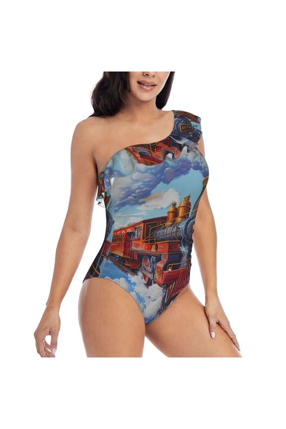 Cartoon Train Hot Air Balloon Pattern Women's One Piece Swimsuits,One Shoulder Swimwear Asymmetric ,Ruffle Monokinis Bathing Suits,High Waisted Flattering Bathing Suits-Small