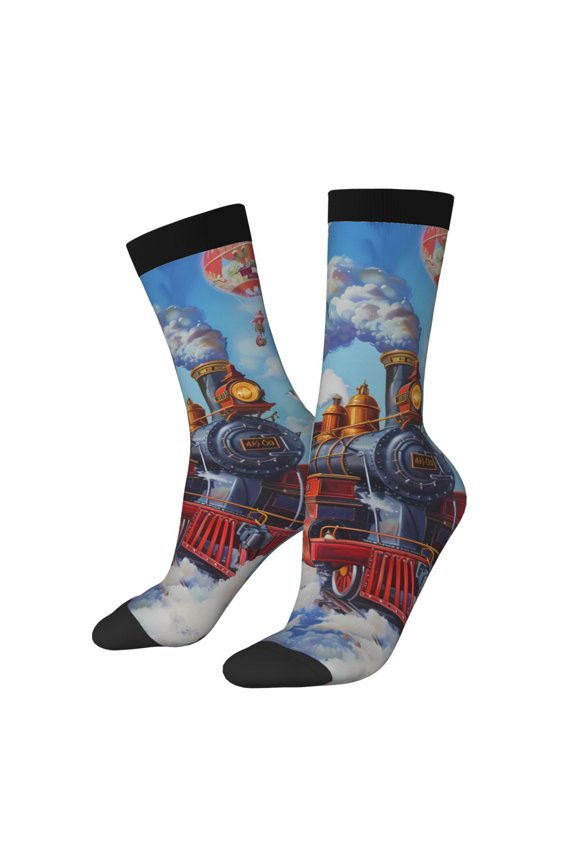 Cartoon Train Hot Air Balloon Print Athletic Socks for Men & Women – Cushioned Moisture-Wicking Crew Socks for Sports, Running, and Training, Soft & Breathable Size 5-11