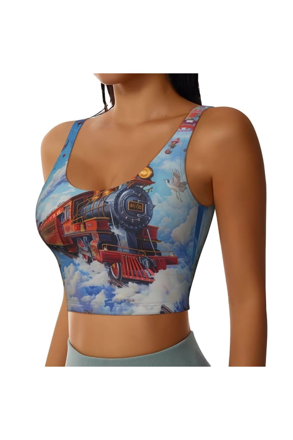 Cartoon Train Hot Air Balloon Sports Bra for Women,Padded Strappy Sports Bras Medium Support Yoga Bra with Removable Cups,Running Yoga Bra-Small