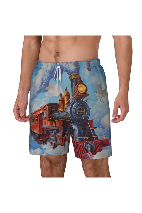 Cartoon Train Hot Air Balloon pattern Mens Swim Trunks with Compression Liner Stretch Beach Shorts Quick Dry with Zipper Pockets No-Chafing Board Shorts-Small