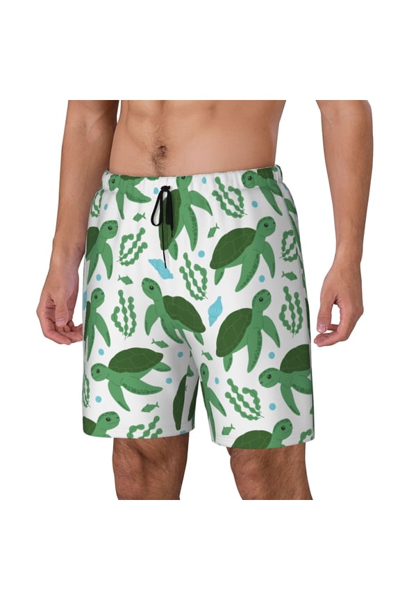Cartoon Turtle pattern Mens Swim Trunks with Compression Liner Stretch Beach Shorts Quick Dry with Zipper Pockets No-Chafing Board Shorts-Small