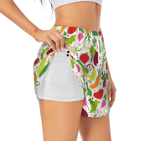 Picia Cartoon Vegetables Pattern Women's 2 in 1 Athletic Running Shorts High Waisted Workout Casual Gym Sweat Shorts with Comfy Liner Zipper Pockets-Large