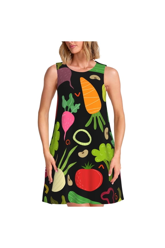 Cartoon Vegetables Print Women’s Sleeveless Midi Swing Dress – A-Line Pleated Tank Sundress, Comfortable and Flowy T-Shirt Dress