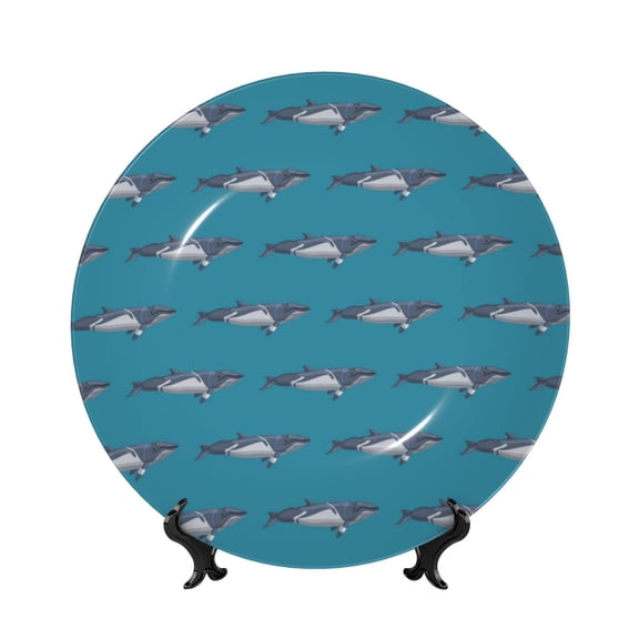 Picia Cartoon Whale Pattern Bone China Decorative Plate – Wall Decor with Stand and Adhesive, Elegant Ornament for Living Room, Office, or Entryway-10in