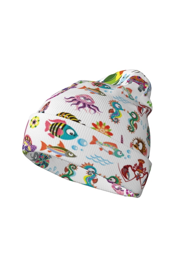 Cartoon Wild Animals Pattern Knitted Beanie Hat for Men and Women , Unisex Winter Warm Stretchy Knit Cap Thick Fisherman Beanies Cuffed Plain Skull Caps