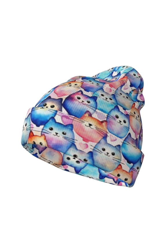 Cartoon colorful cute cat Pattern Knitted Beanie Hat for Men and Women , Unisex Winter Warm Stretchy Knit Cap Thick Fisherman Beanies Cuffed Plain Skull Caps