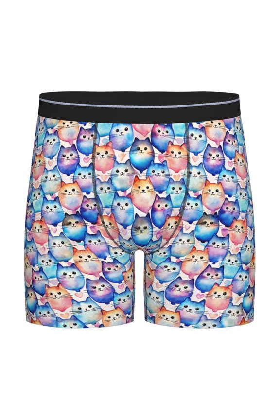 Cartoon colorful cute cat Pattern Men's Athletic Long Leg Briefs , Performance Stretch Underwear，Moisture-Wicking