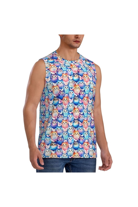 Cartoon colorful cute cat mens Cotton Tank Undershirts , Moisture-wicking Ribbed Tanks, Lightweight Cotton Tank Undershirts-Large