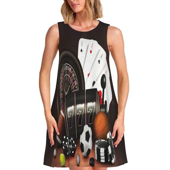 Picia Casino And Sports Print Women’s Sleeveless Midi Swing Dress – A-Line Pleated Tank Sundress, Comfortable and Flowy T-Shirt Dress