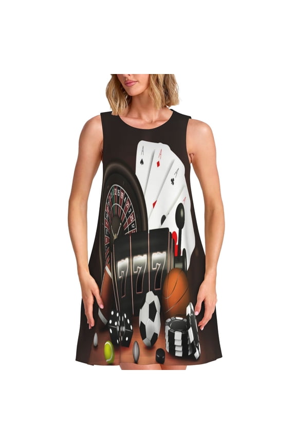 Casino And Sports Print Women’s Sleeveless Midi Swing Dress – A-Line Pleated Tank Sundress, Comfortable and Flowy T-Shirt Dress