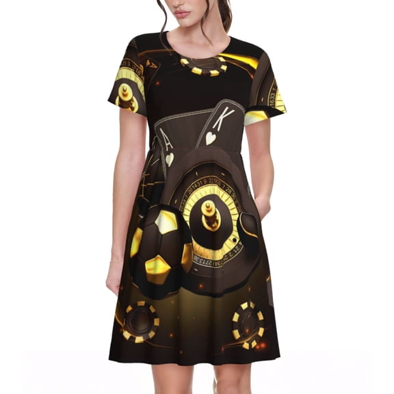 Picia Casino Card Soccer Pattern Women's Short Sleeve Summer Dress Pleated Loose Swing Knee Length Short Sleeve Swing Dresses