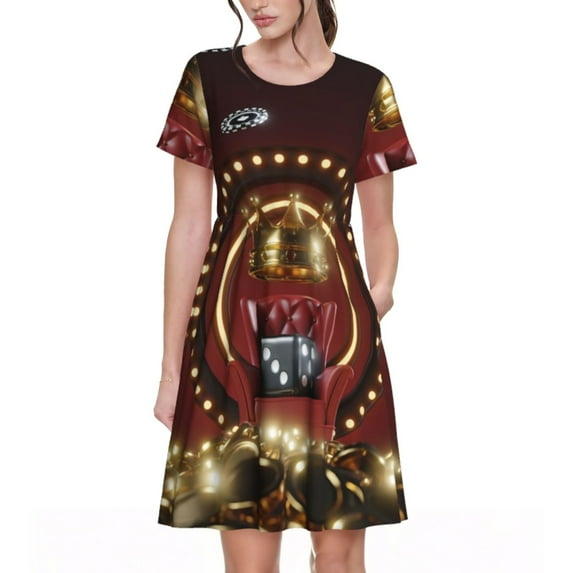 Picia Casino King And Playing Cards Pattern Women's Short Sleeve Summer Dress Pleated Loose Swing Knee Length Short Sleeve Swing Dresses
