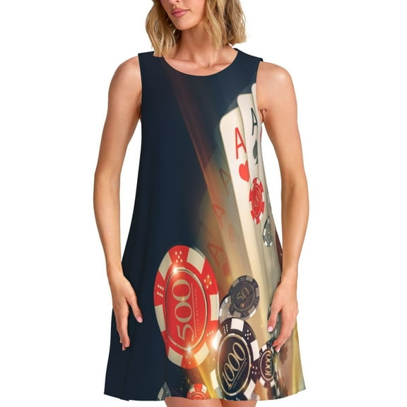 Picia Casino Poker Chips Print Women’s Sleeveless Midi Swing Dress – A-Line Pleated Tank Sundress, Comfortable and Flowy T-Shirt Dress