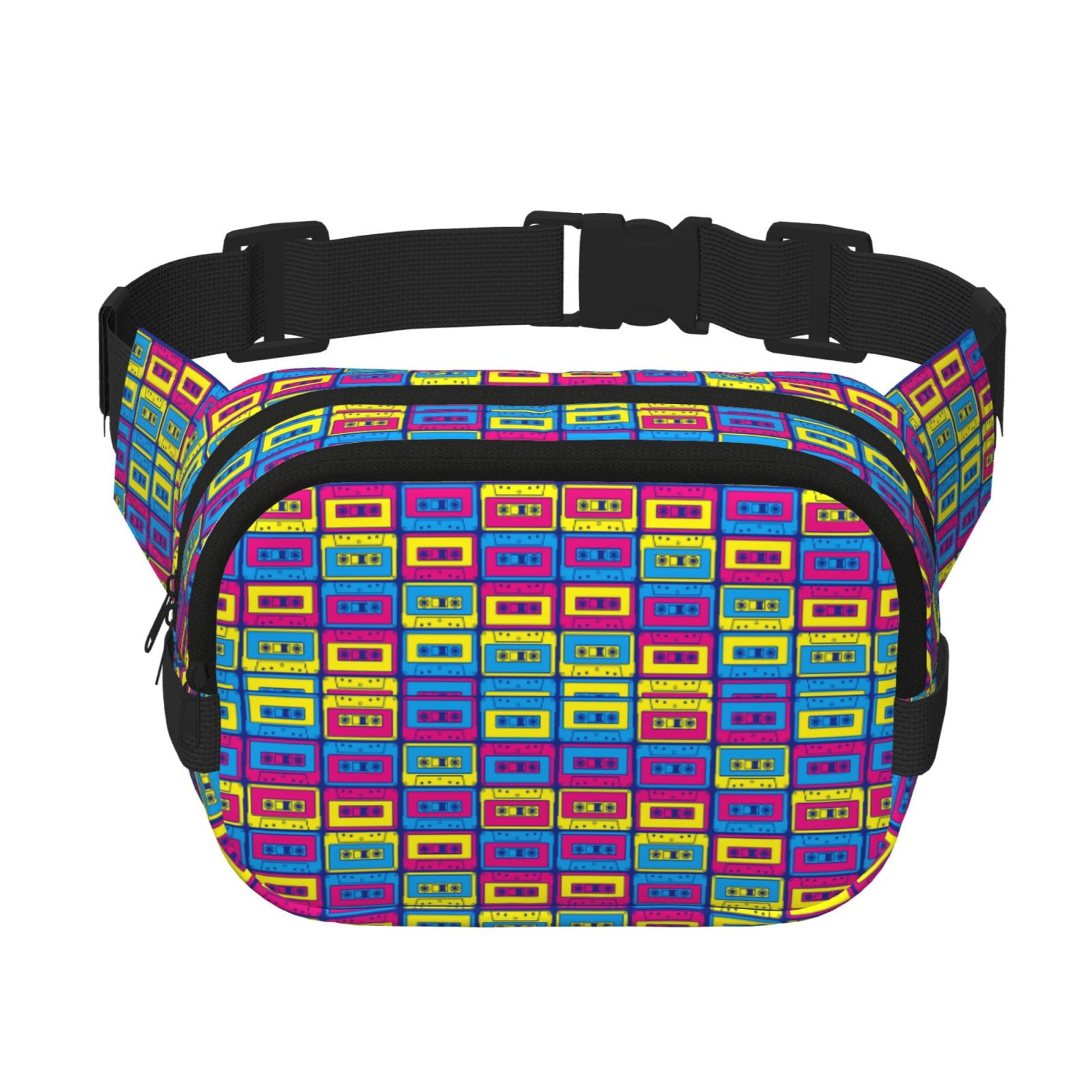 Picia Cassette Tapes Print Square Double-Layer Waist Bag Mini Adjustable Waist Belt Bag Exercise Running Travel Hiking
