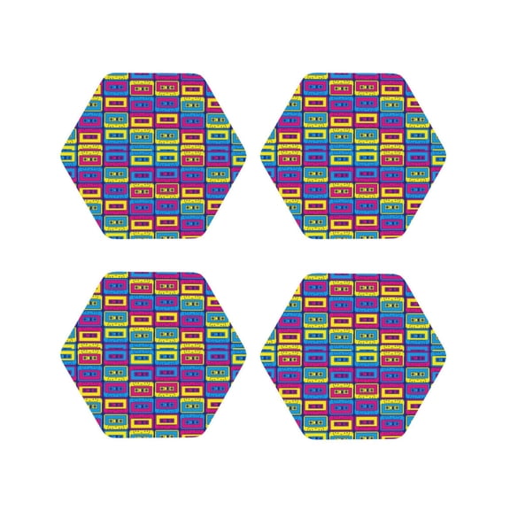 Picia Cassette Tapes Printed Leather Coasters for Drinks, 4" Drink Coasters Set of 4 for Tabletop Protection, Handmade Luxurious Home Décor and Housewarming Gift -Hexagon