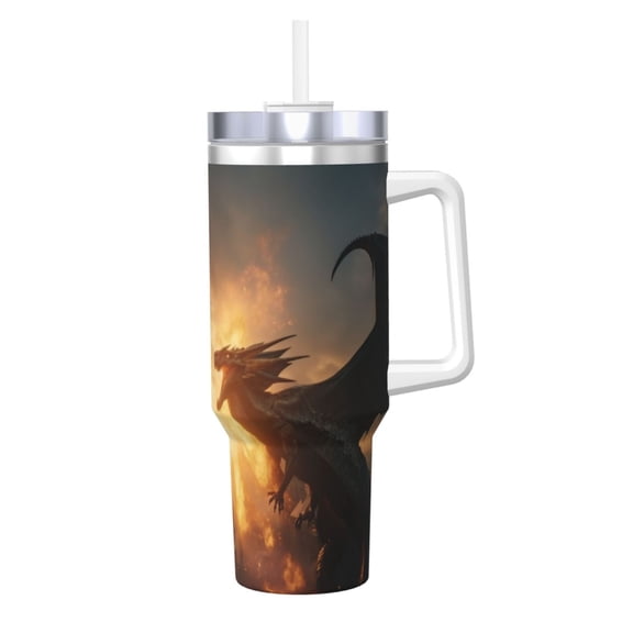 Picia Castle Cool Fire Dragon Pattern 40oz Ice Bully Insulated Tumbler with Handle, Double-Wall Stainless Steel Cup, Leak-Proof Lid and Straw