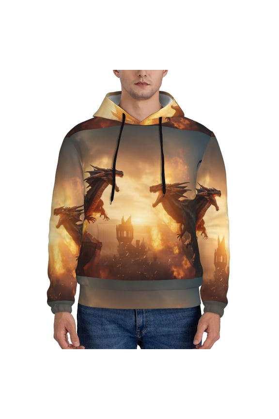 Castle Cool Fire Dragon Pattern Casual Men's Hoodie - Lightweight Hooded Sweatshirt with Kangaroo Pocket, Comfortable Pullover for Everyday, Travel-Medium