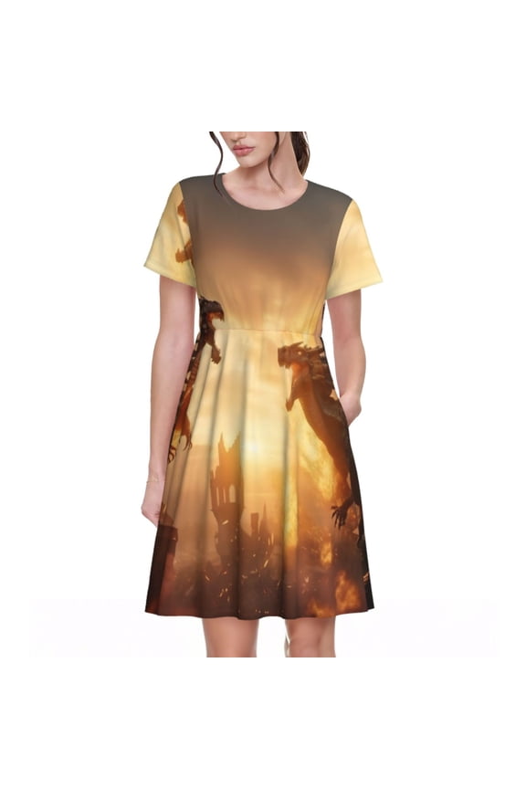 Castle Cool Fire Dragon Pattern Women's Short Sleeve Summer Dress Pleated Loose Swing Knee Length Short Sleeve Swing Dresses