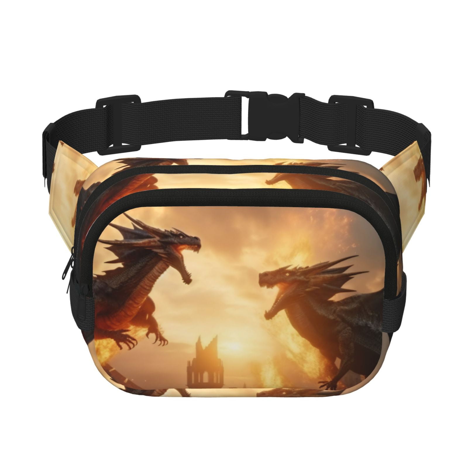 Picia Castle Cool Fire Dragon Print Square Double-Layer Waist Bag Mini Adjustable Waist Belt Bag Exercise Running Travel Hiking