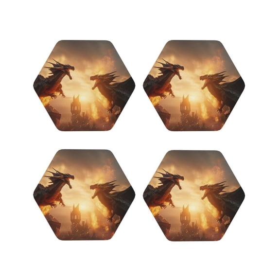 Picia Castle Cool Fire Dragon Printed Leather Coasters for Drinks, 4" Drink Coasters Set of 4 for Tabletop Protection, Handmade Luxurious Home Décor and Housewarming Gift -Hexagon