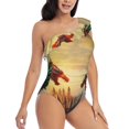 thumbnail image 1 of Picia Castle Red Green Sky Dragon Pattern Women's One Piece Swimsuits,One Shoulder Swimwear Asymmetric ,Ruffle Monokinis Bathing Suits,High Waisted Flattering Bathing Suits-Small, 1 of 8