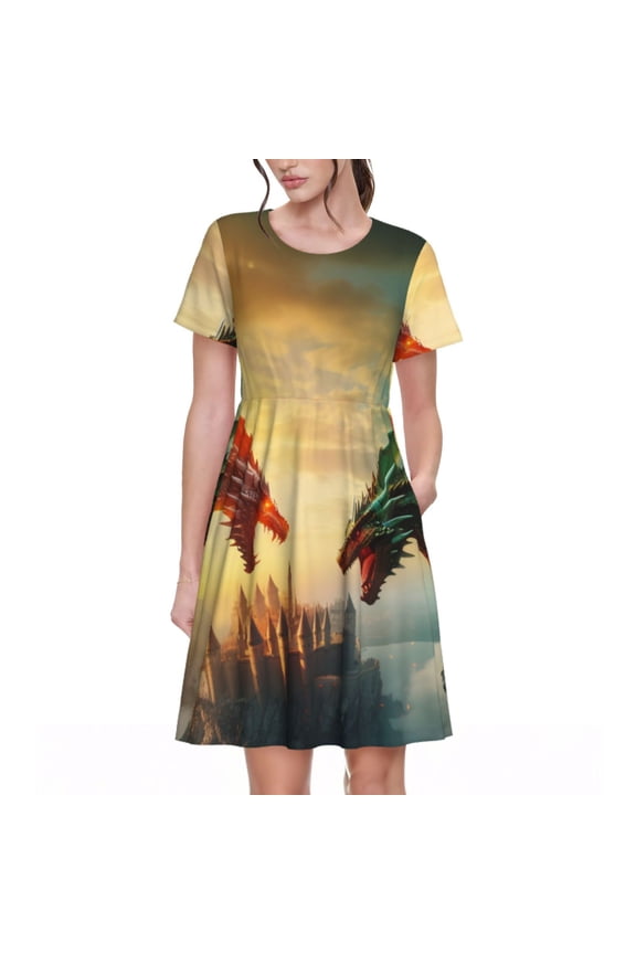 Castle Red Green Sky Dragon Pattern Women's Short Sleeve Summer Dress Pleated Loose Swing Knee Length Short Sleeve Swing Dresses