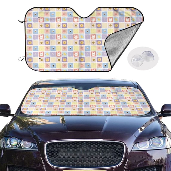 Picia Cat And Rabbit Curved Windshield Sunshade Accordion Folding Style Auto Shade for Car Truck SUV Van Blocks UV Ray Sun Visor Protector -Medium
