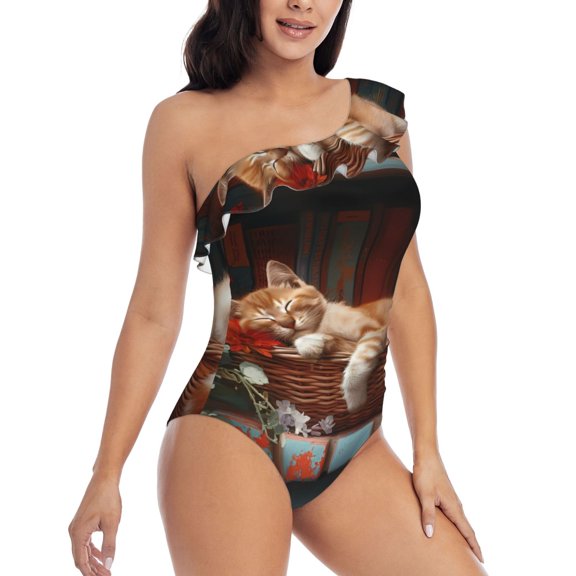 Picia Cat Asleep Among Flowers Pattern Women's One Piece Swimsuits,One Shoulder Swimwear Asymmetric ,Ruffle Monokinis Bathing Suits,High Waisted Flattering Bathing Suits-Small