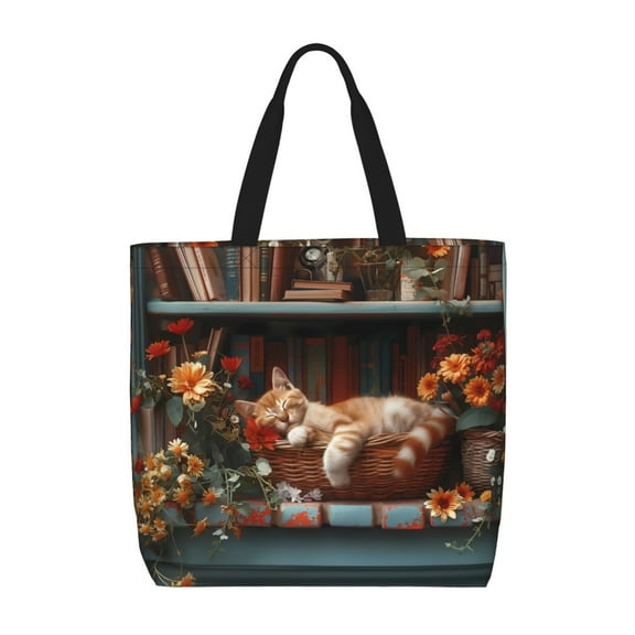 Picia Cat Asleep Among Flowers for Tote Bag for Women with Zipper, Gym Tote with Compartments, Laptop Work Tote Nurse Dance Yoga Bag for Sport, Travel