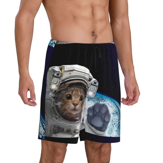 Picia Cat Astronaut Pajama Shorts for Men, Men's Pajama Bottoms, Sleepwear,Short Pajama Pants-X-Large