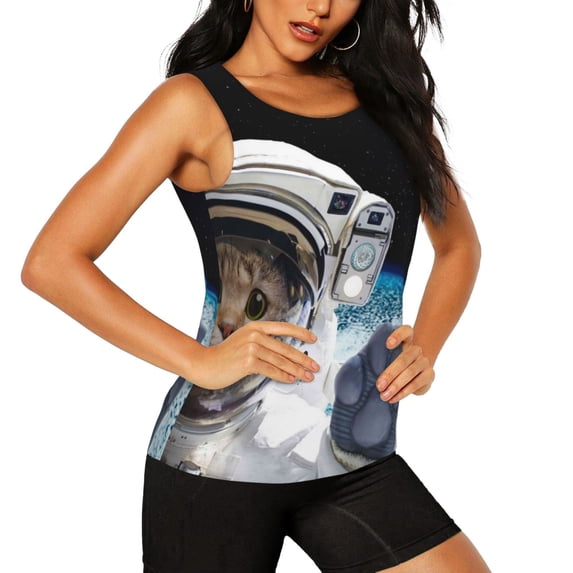 Picia Cat Astronaut Pattern Women's Workout Tank Top,Breathable Activewear,Slim Fit Athletic Top,Versatile Workout Moisture-wicking top-X-Large
