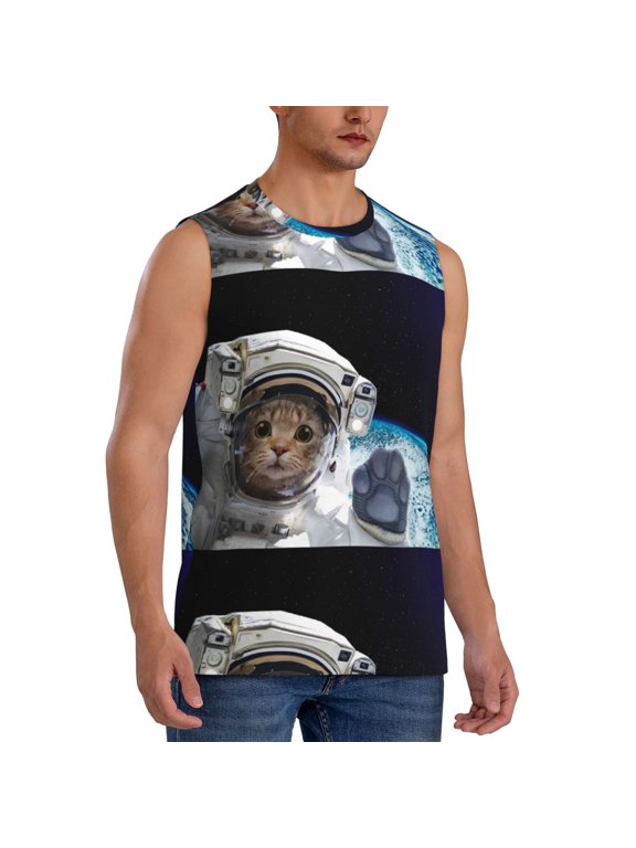 Cat Astronaut mens Cotton Tank Undershirts , Moisture-wicking Ribbed Tanks, Lightweight Cotton Tank Undershirts-Small