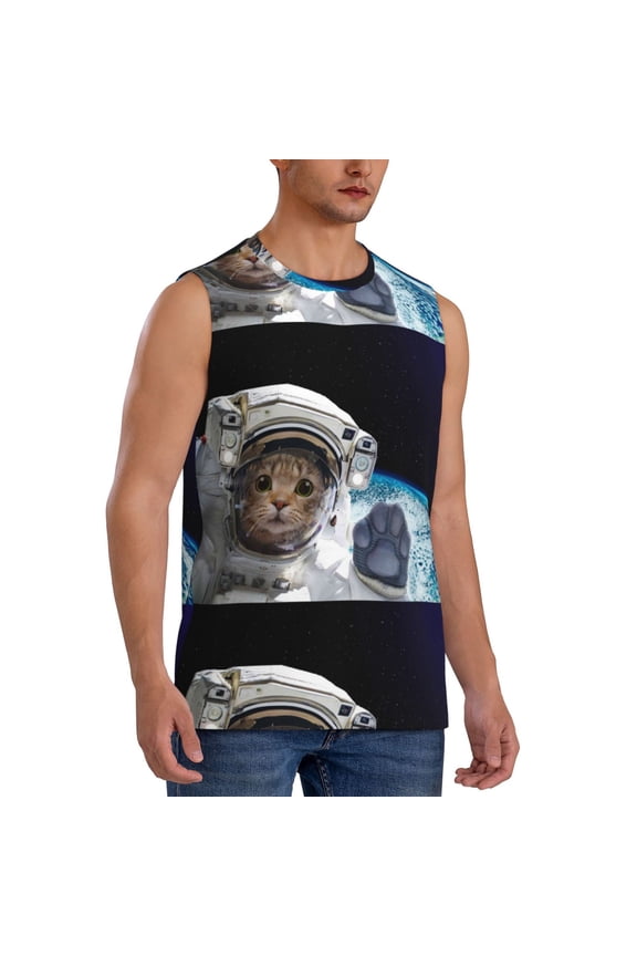Cat Astronaut mens Cotton Tank Undershirts , Moisture-wicking Ribbed Tanks, Lightweight Cotton Tank Undershirts-Small