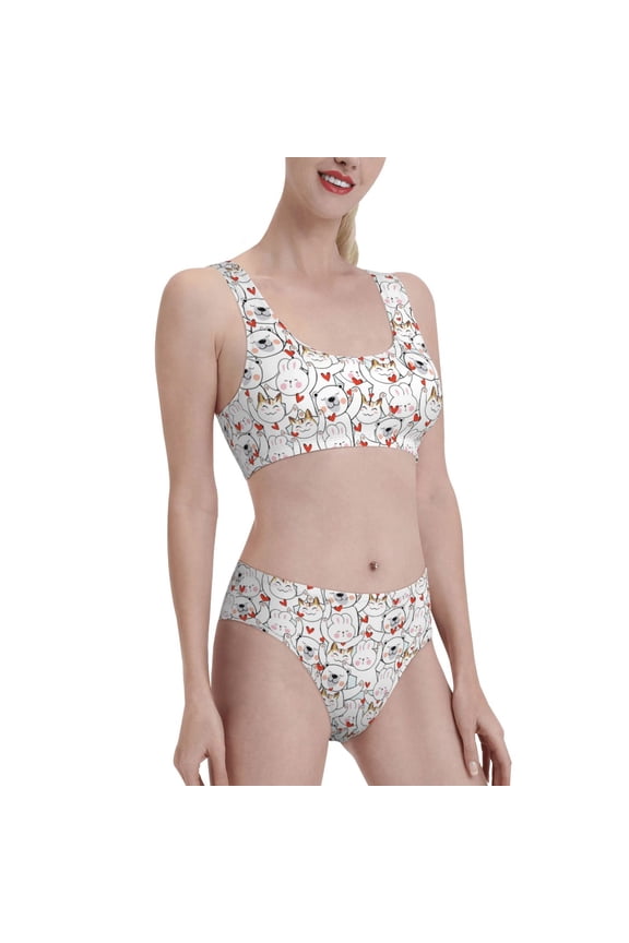 Cat Bear Rabbit Women's High Waisted Bikini Scoop Neck Swimsuit Two Pieces Bathing Suit-Large