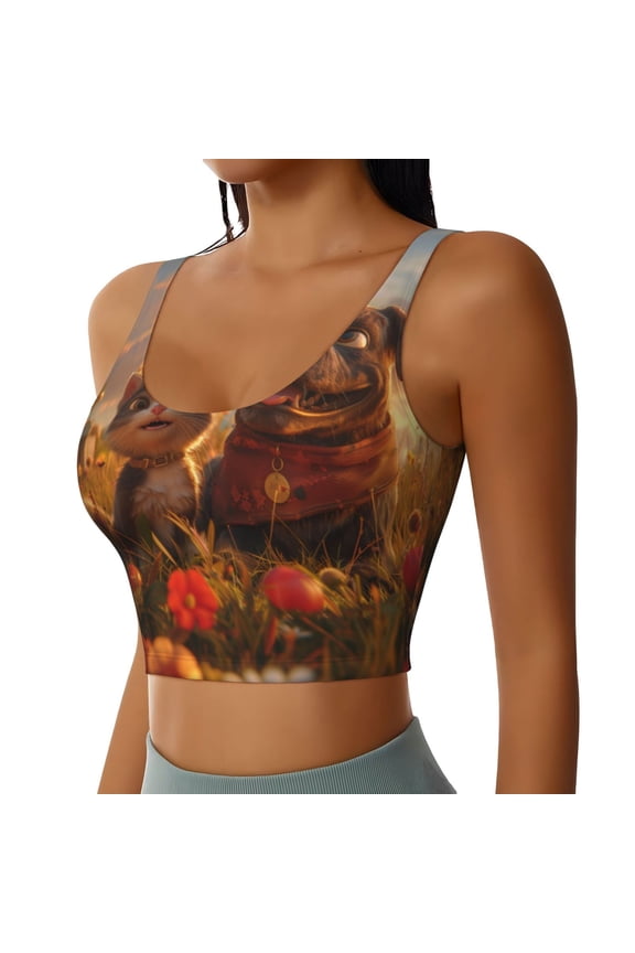 Cat Dog Friendship Sports Bra for Women,Padded Strappy Sports Bras Medium Support Yoga Bra with Removable Cups,Running Yoga Bra-Small