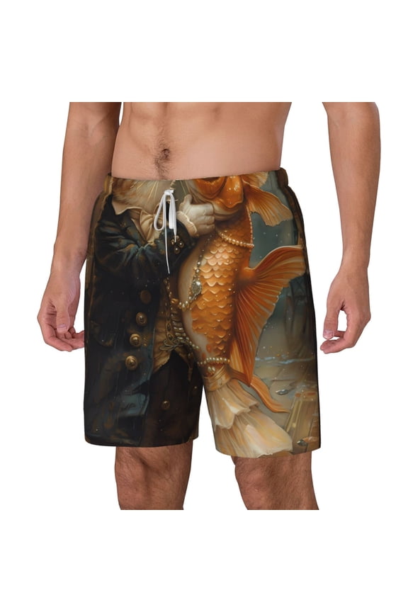 Cat Fish Dance Vintage pattern Mens Swim Trunks with Compression Liner Stretch Beach Shorts Quick Dry with Zipper Pockets No-Chafing Board Shorts-Small