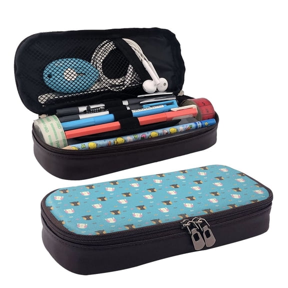 Picia Cat Fish Pattern Large Capacity PU Leather Pencil Case Organizer Pen Marker Holder Double Zipper Storage Bag Big Pencil Pouch for College Office