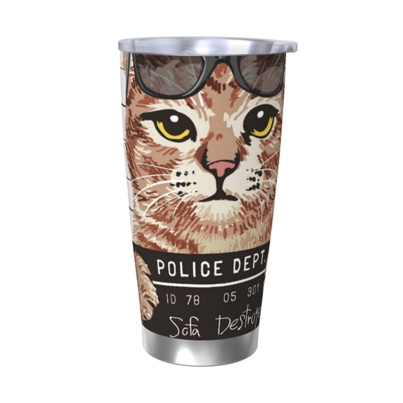 Picia Cat Holding Mugshot Sign Pattern 20 oz Tumbler Stainless Steel Vacuum Insulated Coffee Ice Cup Double Wall Travel Flask Dual Lid Water Bottle, Eco-friendly Car Cup-Without Straw