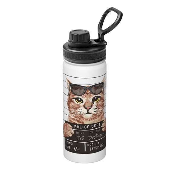 Picia Cat Holding Mugshot Sign Pattern Water Bottle 18 oz Stainless Steel Insulated Bottles With Handle Leak Proof Gym Sport Water Jug BPA-free insulated kettle For Men Women Adults