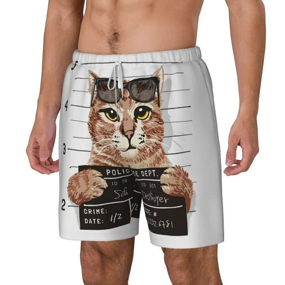 Picia Cat Holding Mugshot Sign pattern Mens Swim Trunks with Compression Liner Stretch Beach Shorts Quick Dry with Zipper Pockets No-Chafing Board Shorts-X-Large