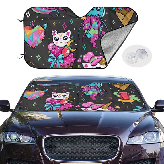Picia Cat Icecream Curved Windshield Sunshade Accordion Folding Style Auto Shade for Car Truck SUV Van Blocks UV Ray Sun Visor Protector -Small